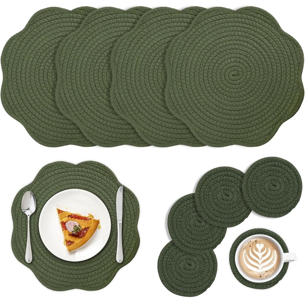 Set of 4  Round Braided Placemats with 4 Coaster, 12" Dark Green